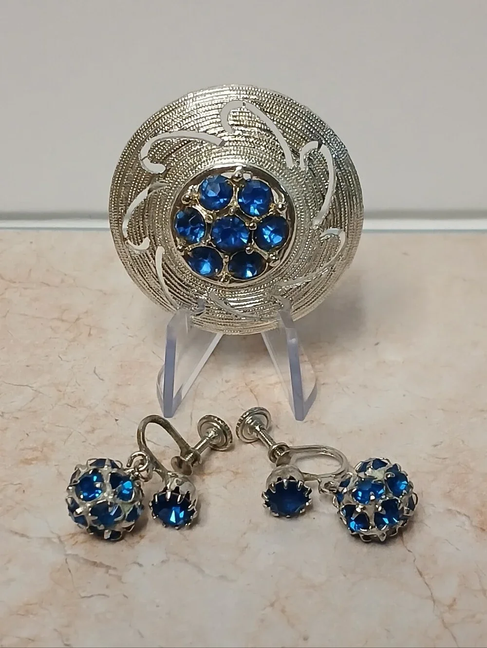 Vintage Silver-Tone Blue Crystal Brooch and Clip-On Earrings Set
